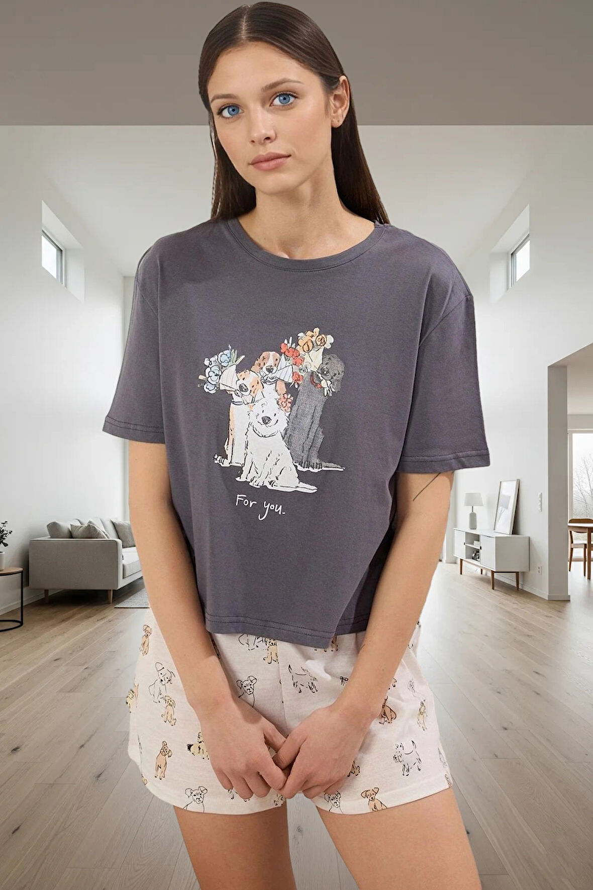 Evde Rahatlık İçin %100 Pamuklu Köpek Desenli Pijama Takımı Zarifane Tasarım Trend