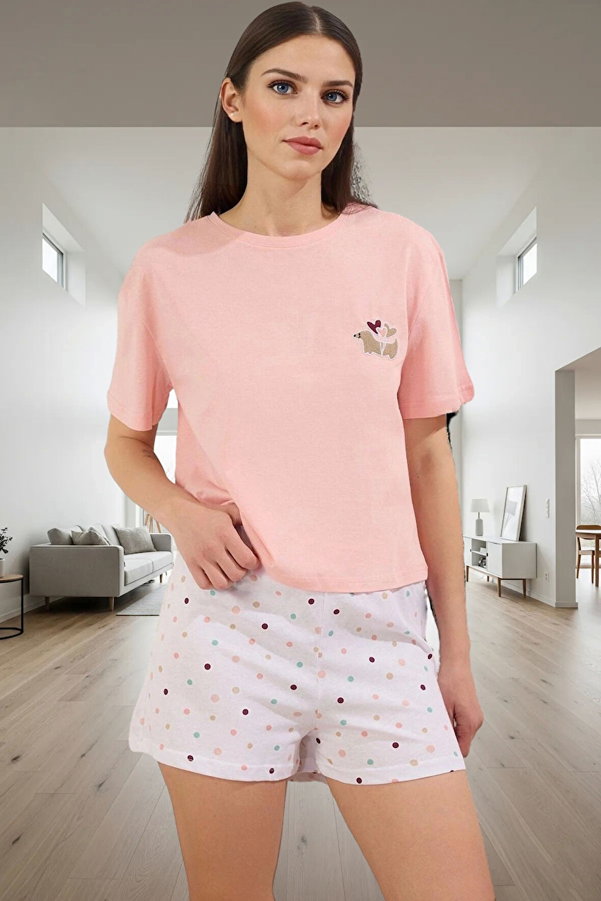 Rahat Kesim Örme Pijama Takımı %100 Pamuk Kısa Kollu Boru Paça Kullanım Konforlu