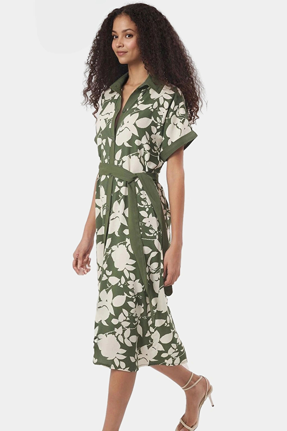 Dokuma Viskoz Gömlek Elbise Çiçek Desenli Midi Boy Trend Tasarım Rahat Kullanım Modern Stil