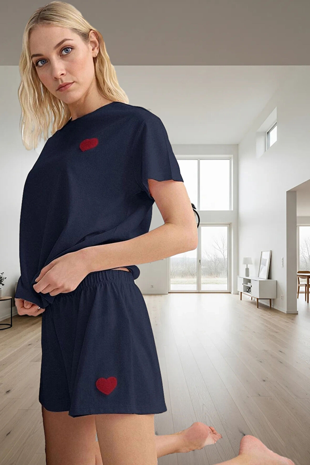 2'li Pamuklu Pijama Takımı Kalp Detaylı Yazlık Örme Kumaş Özel Tasarım Kaliteli İşçilik