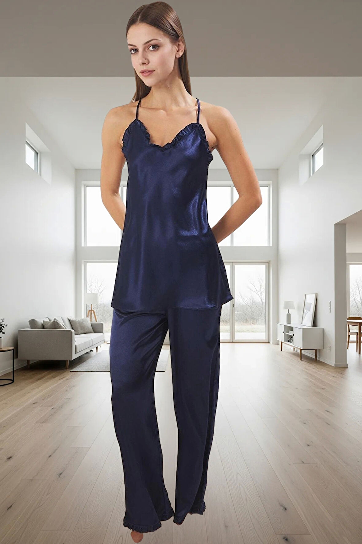 2'li Fırfırlı Saten Pijama Takımı Şık Ev Giyim Seti %100 Polyester Mükemmel Uyum