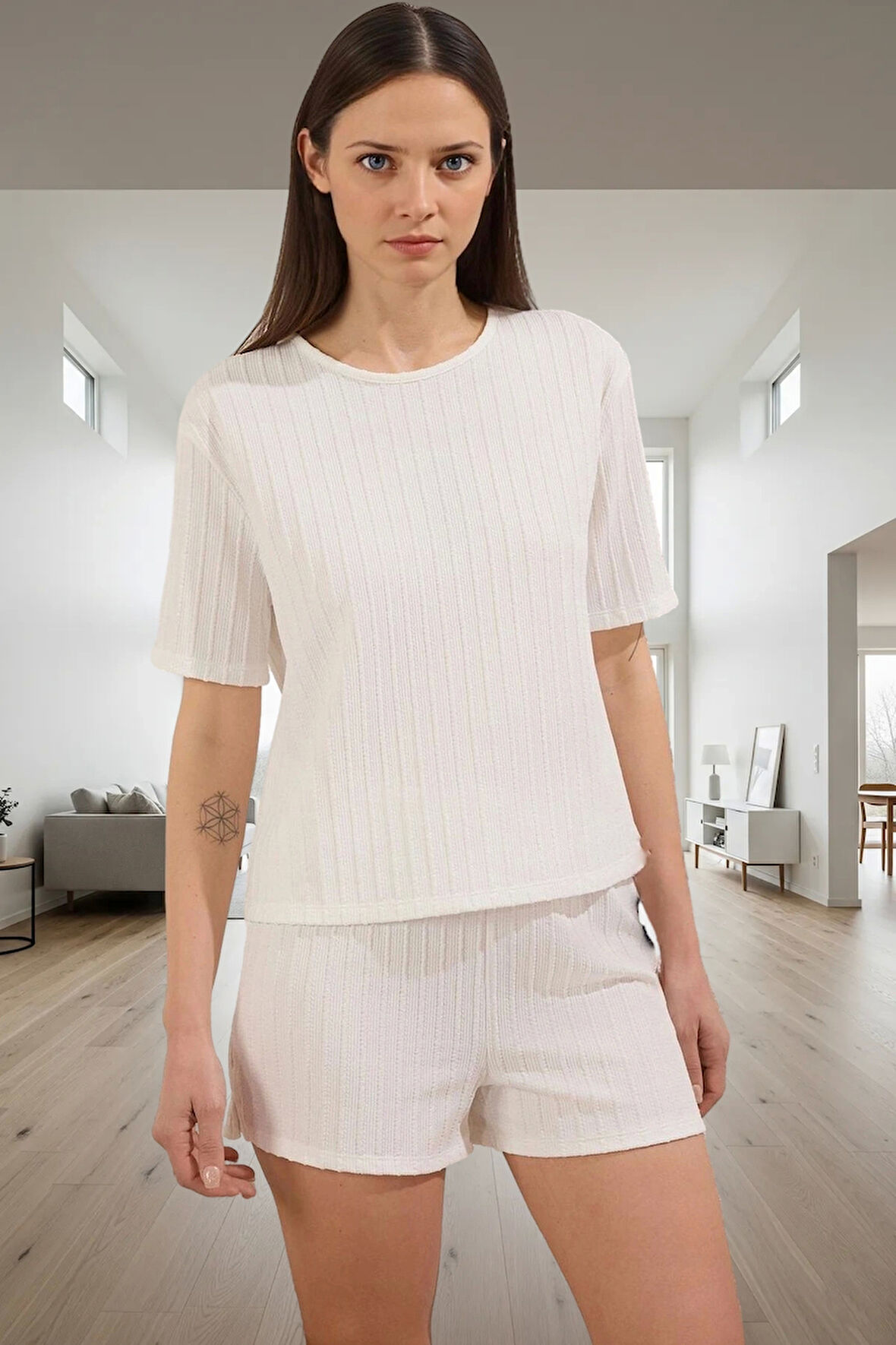 Şortlu Pijama Takımı %98 Polyester Crinkle Dokuma Regular Kalıp Profesyonel Görünüm