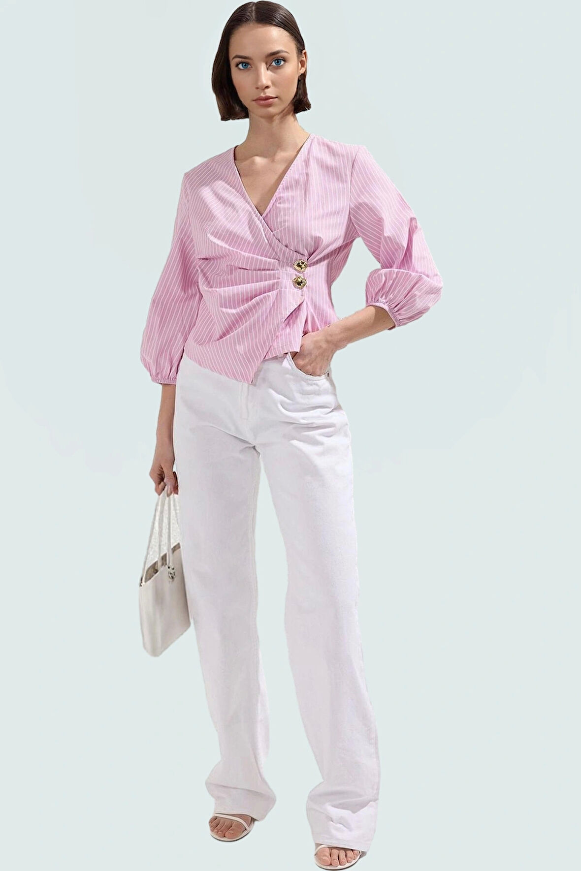 V Yaka Bluz Terrycotton Kumaş Fitted Kalıp Çizgili Günlük Kaliteli İşçilik Şık Görünüm