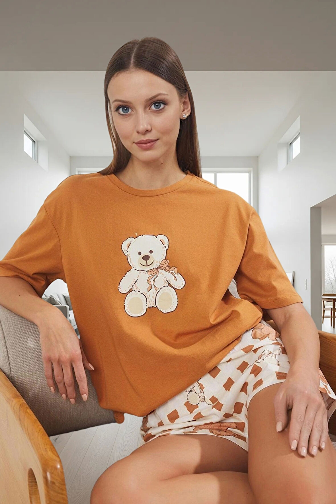 2'li Pamuklu Pijama Takımı Ayıcıklı Desenli Regular Kalıp Günlük Kullanım İçin