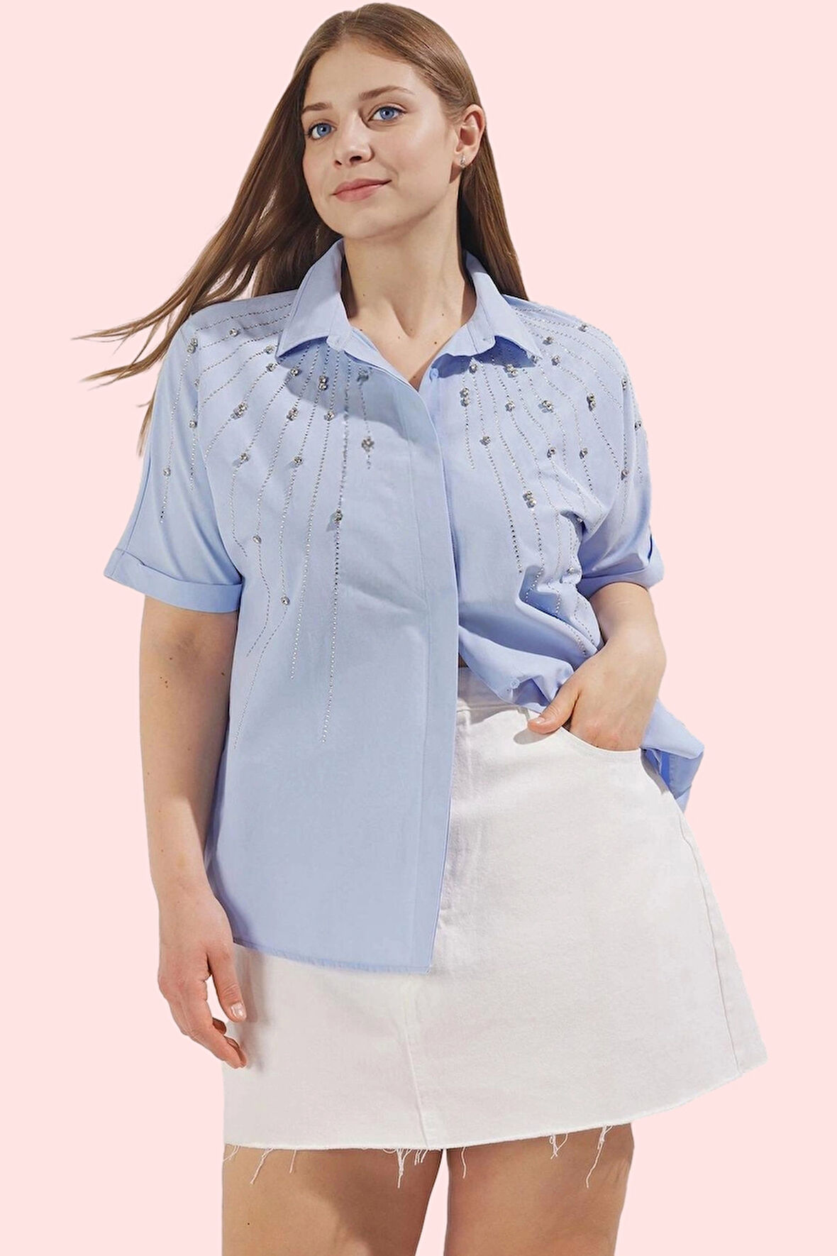 Kadın Yazlık Gömlek; Büyük Beden; Taş Detaylı; Kısa Kol; Rahat Günlük Stil Kaliteli Malzeme