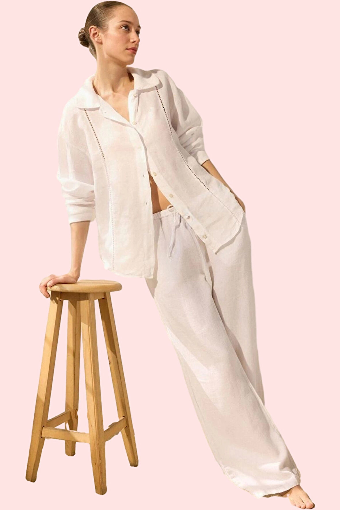 Kadın Keten Gömlek Dik Yaka Uzun Kollu Regular Kalıp Yazlık Şıklık Yaz Aylarının Vazgeçilmezi