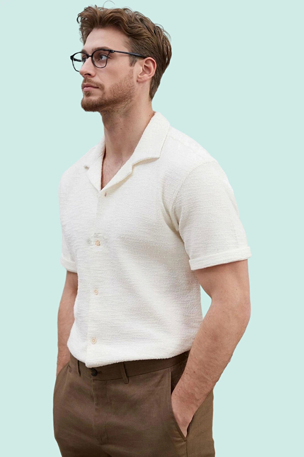 Erkek Günlük Dokulu Gömlek Apaş Yaka Kısa Kollu Regular Fit Yaz Hafta Sonu Kaliteli Malzeme