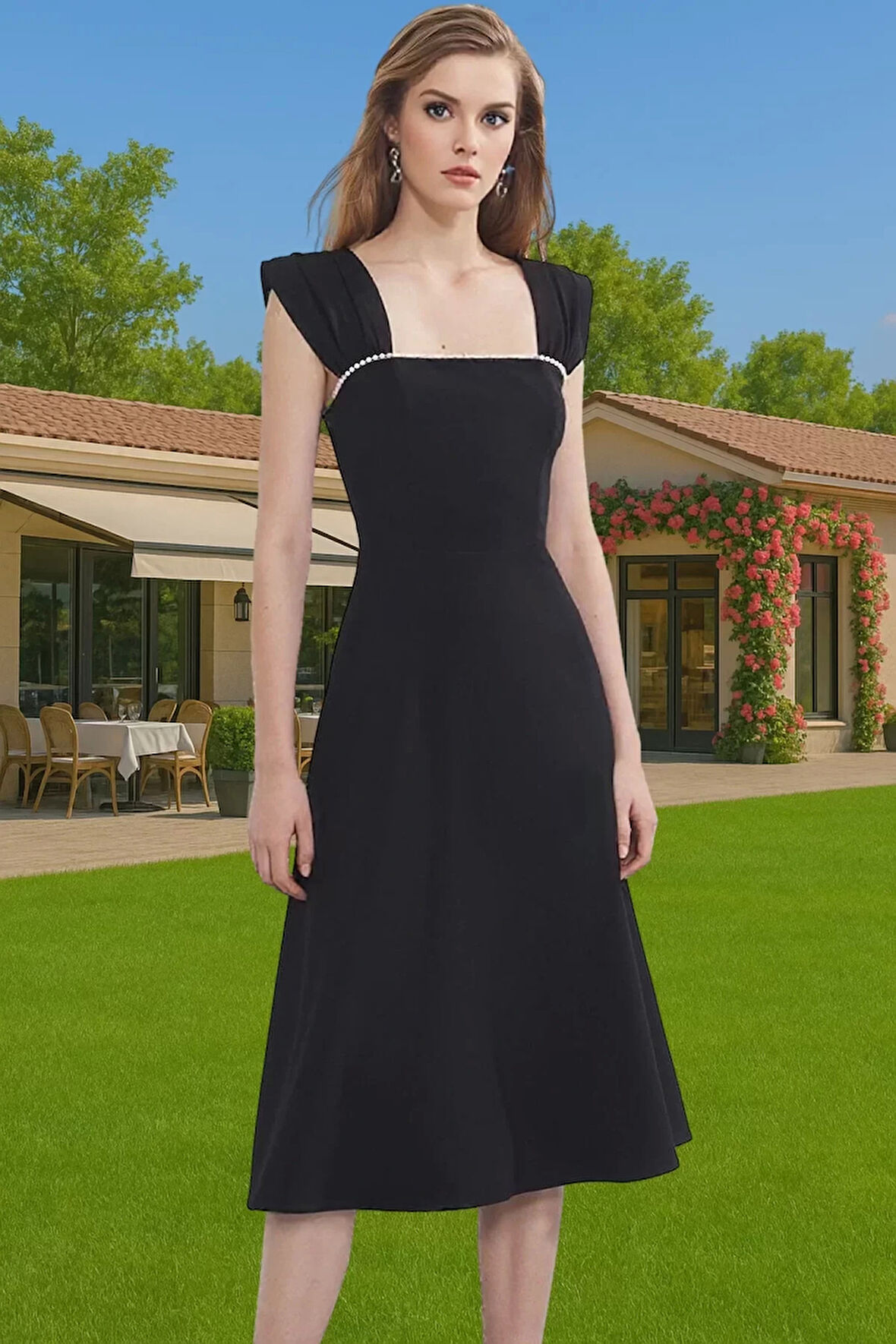 Yazlık Midi Boy İnci Detaylı Abiye Elbise Polyester Elastan Kumaş Modern Stil Uzun Ömürlü