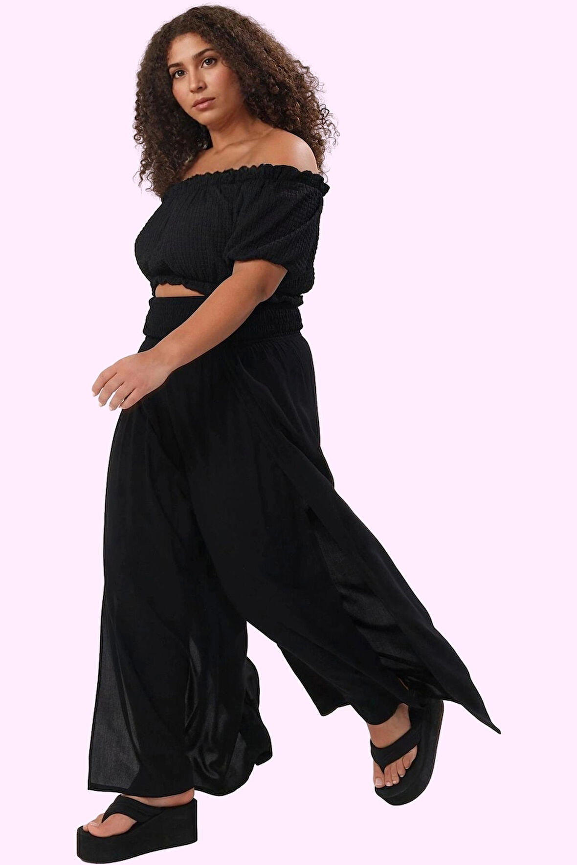 Kadın Plaj Pantolonu Geniş Paça Viskoz Crinkle Dokuma Çiçekli Desen Yaz Aylarının Vazgeçilmezi