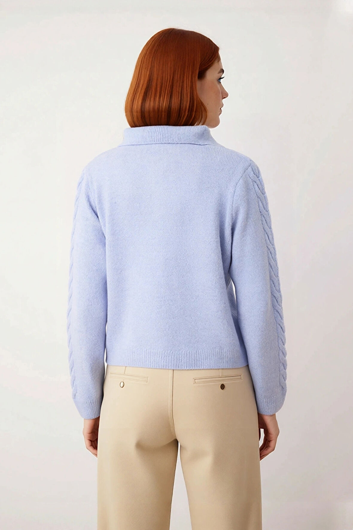 Kadın Modern ve Rahat Polo Yaka Saç Örgü Detaylı Regular Triko Kışlık Standart Kol Kazak Kaliteli