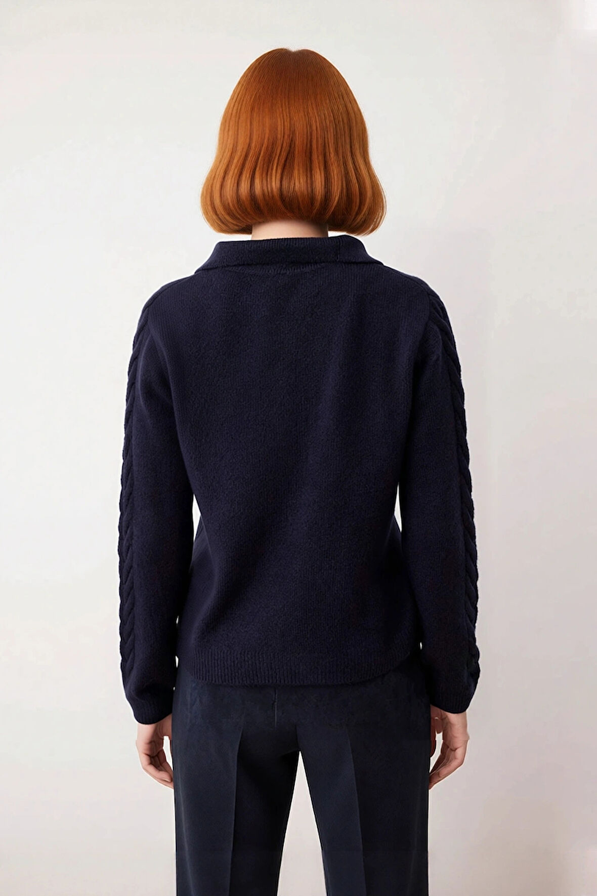 Kadın Modern ve Rahat Polo Yaka Saç Örgü Detaylı Regular Triko Kışlık Standart Kol Kazak Kaliteli