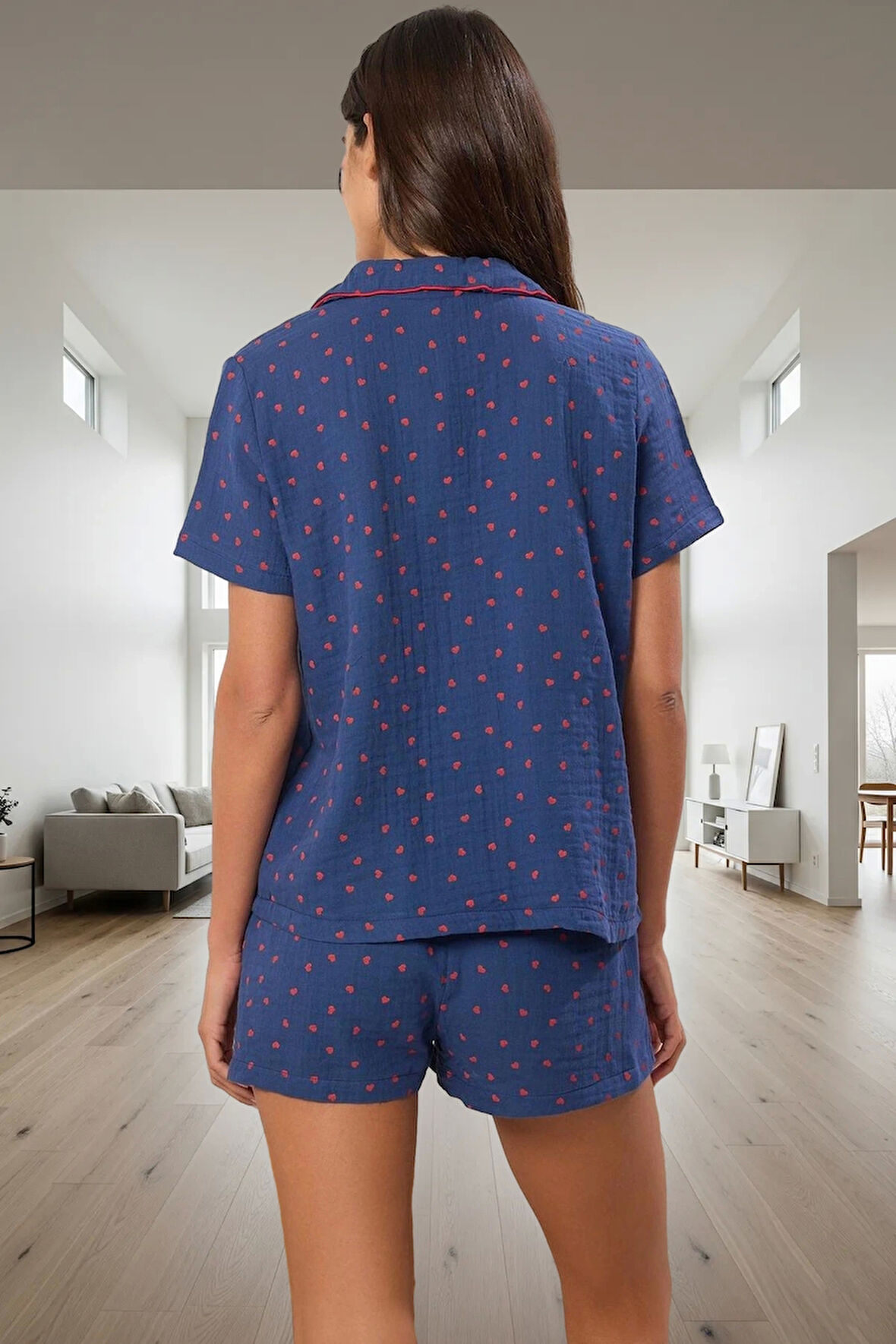 Rahat ve Şık Müslin Pijama Takımı %100 Pamuk Kalpli Desen Boru Paça Premium Kalite Uzun Ömürlü