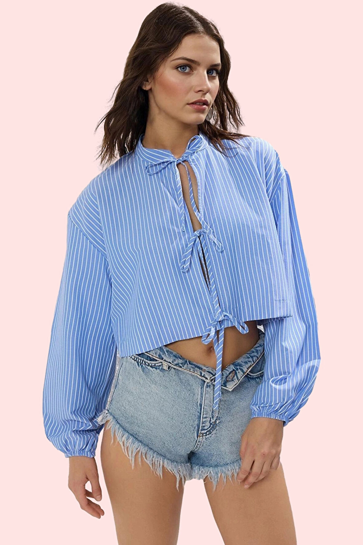 Kadın Yazlık Plaj Gömleği Dik Yaka Çizgili Dokuma Bağcıklı Günlük Kullanım Kaliteli Malzeme