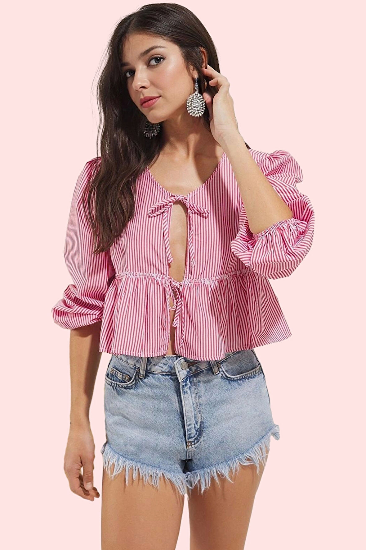 Kadın Crop Gömlek Pamuk Terrycotton Dokuma Çizgili Yazlık Günlük Kullanım Kaliteli Malzeme