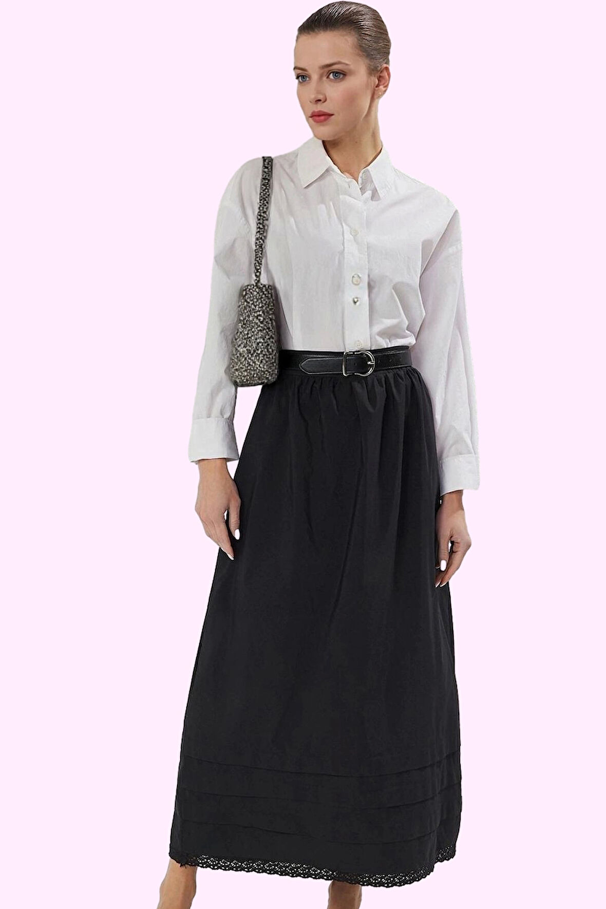 Kadın Pamuk Polyester Maxi Kloş Etek Dantel Detaylı Tüm Sezon Günlük Kullanım Modern Tasarım