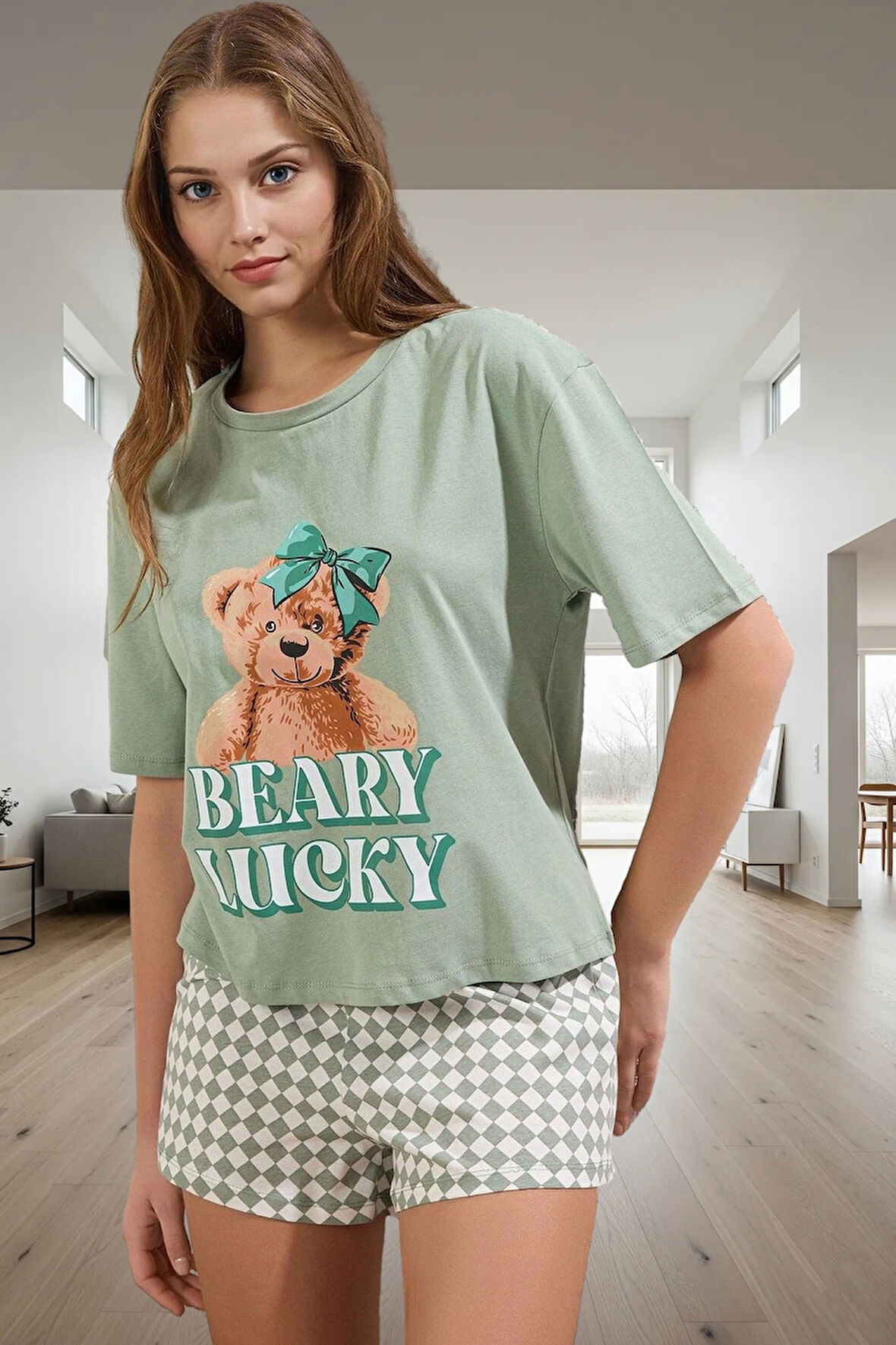 Ayıcıklı %100 Pamuk Örme Pijama Takımı Boru Paça Şort Bisiklet Yaka Zarifane Tasarım