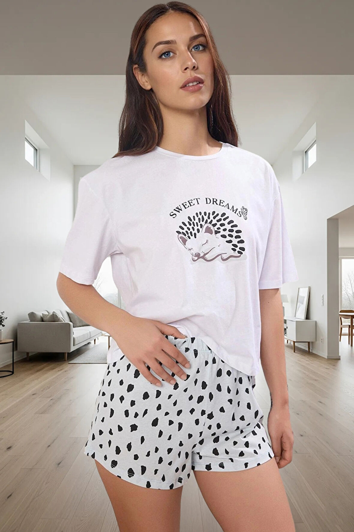 Hayvan Kirpi Desenli %100 Pamuk Örme Pijama Rahat Şık ve Nefes Alabilir