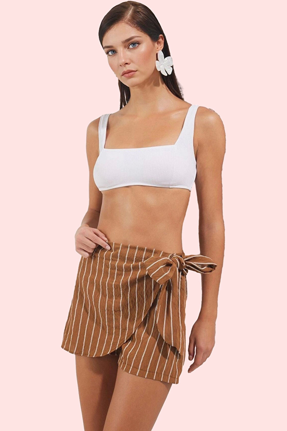 Kadın Plaj Şort Etek Viskoz Poliamid Polyester Çizgili Yüksek Bel Yaz Aylarının Vazgeçilmezi