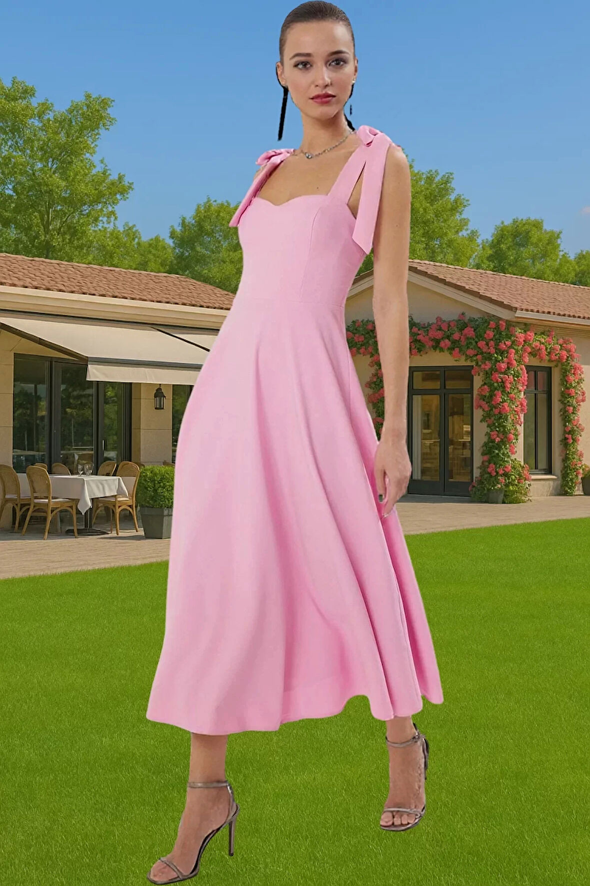 Bağcıklı Askılı A Kesim Midi Abiye Elbise Finike Dokuma Kumaştan Trend Tasarım Zarifane Tasarım