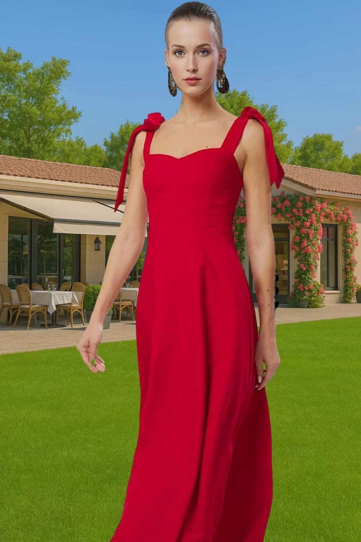 Bağcıklı Askılı A Kesim Midi Abiye Elbise Finike Dokuma Kumaştan Trend Tasarım Zarifane Tasarım