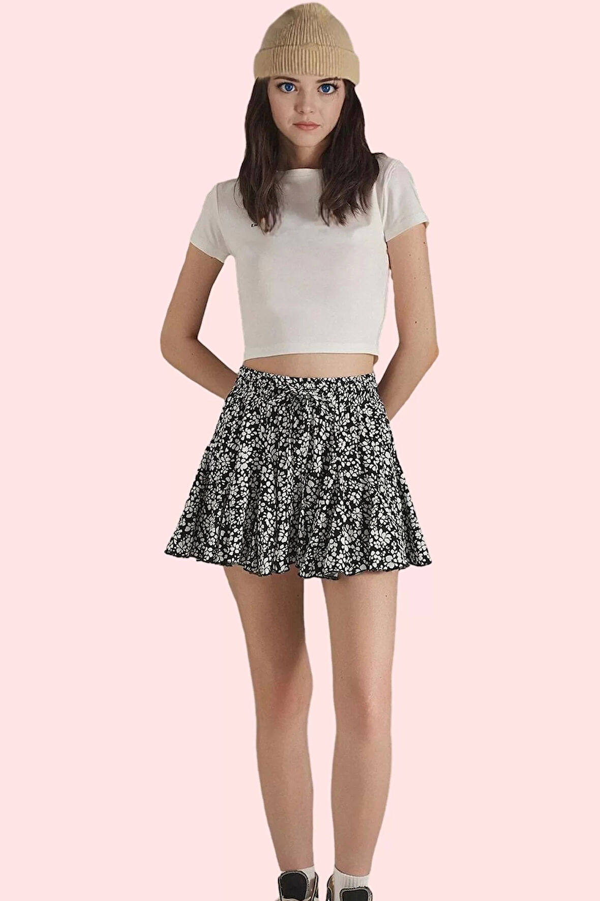 Kadın Yüksek Bel Kısa Boy Geniş Paça Şort Etek Çiçekli Dokuma Günlük Kullanım Modern Tasarım