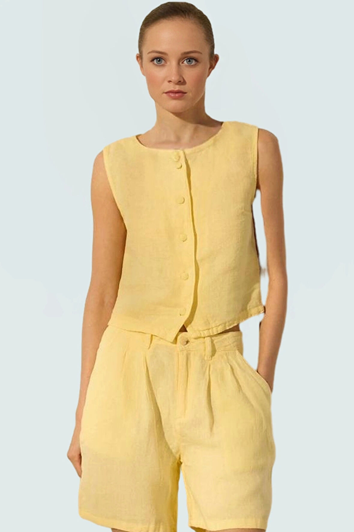 Dokuma Keten Bluz Kolsuz Crop Regular Günlük Kombin Dayanıklı Malzeme Şık Görünüm Modern Stil