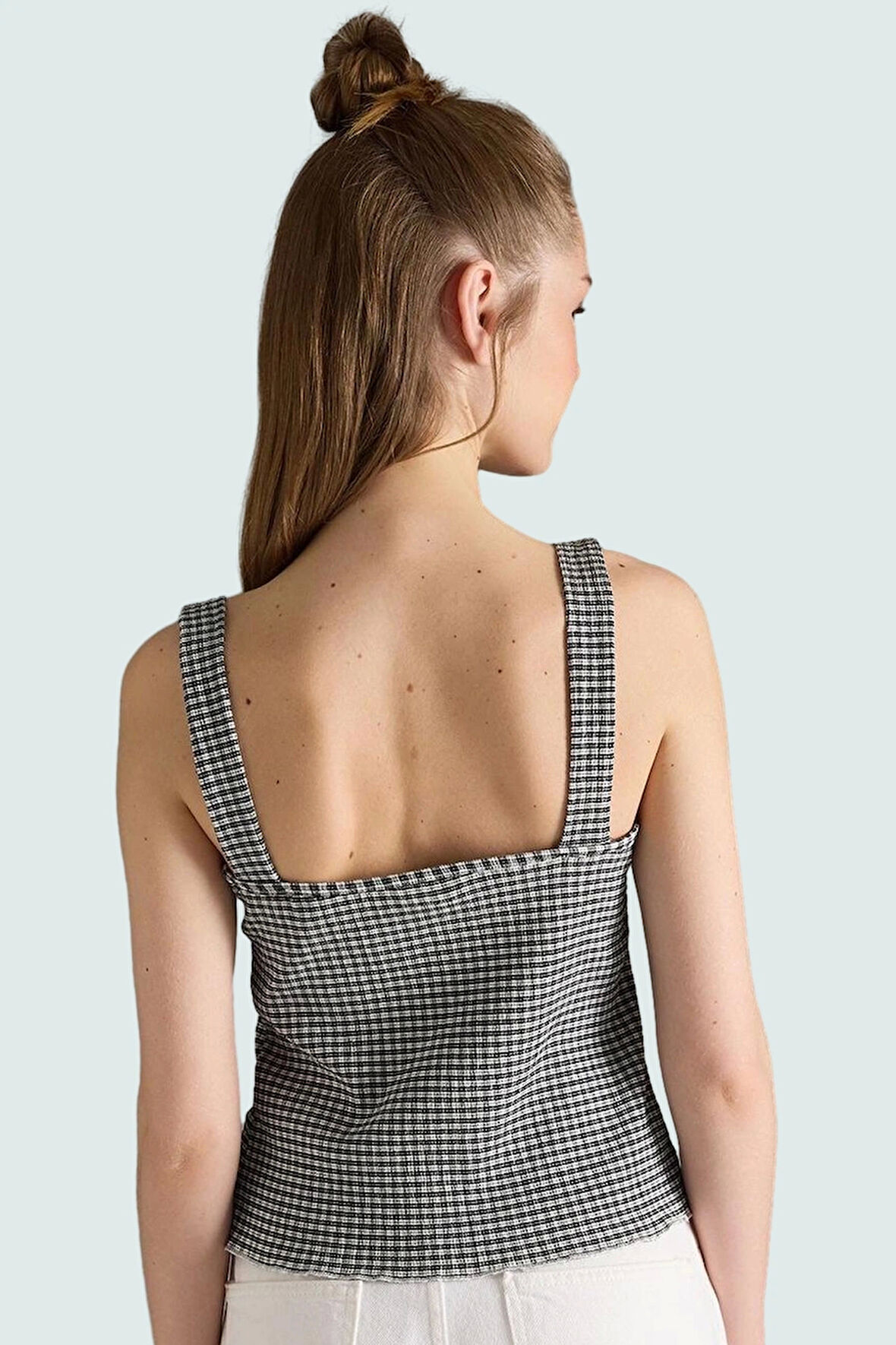 Yazlık Kolsuz Fitted Bluz Nefes Alan Jakar Örme Kumaş Kare Desen Yüksek Kalite