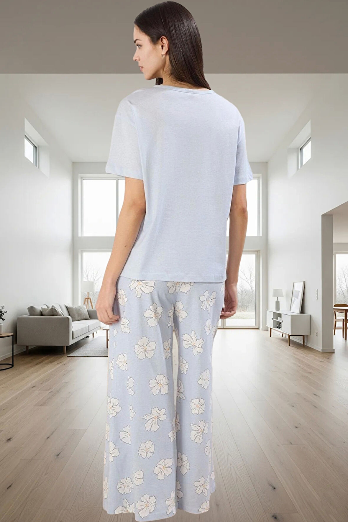 İlkbahar Sonbahar Homewear %100 Pamuk Çiçekli Pijama Takımı Modern Stil Kaliteli İşçilik