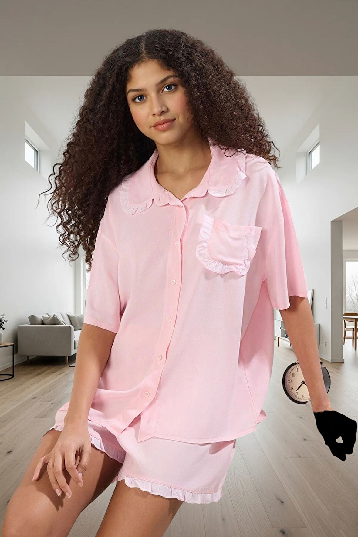 Homewear Yazlık Şortlu Pijama Takımı Viskoz Fırfır Detaylı Rahat Kalıp Premium Kalite