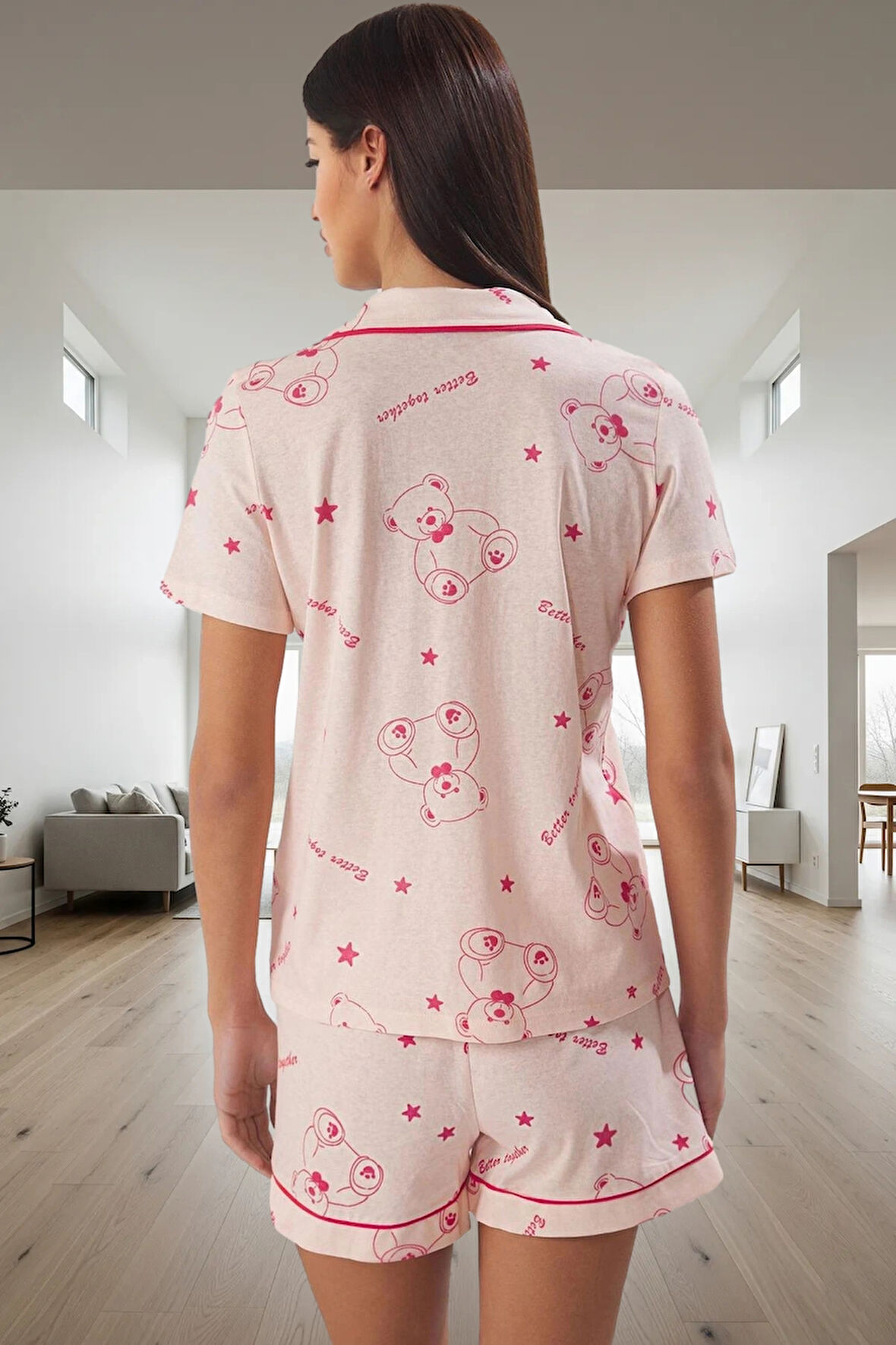 Yazlık %100 Pamuk Örme Pijama Takımı Ayıcıklı Desenli Uzun Ömürlü Dayanıklı Malzeme Premium Kalite