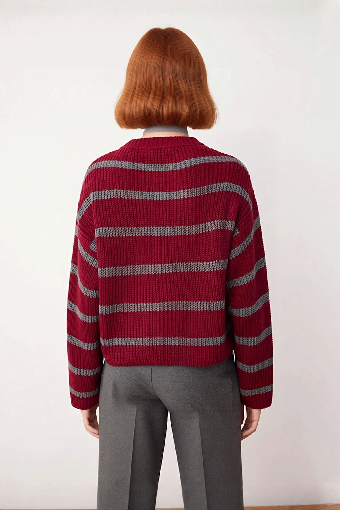 Kadın Crop Boy Akrilik Triko Kazak Bisiklet Yaka Geniş Kalıp Çizgili Soğuk Havalara Uygun Kaliteli