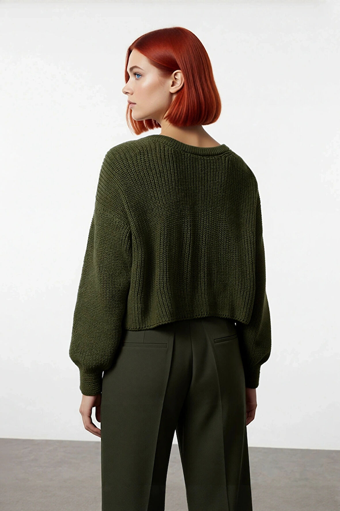 Kadın Triko Çift Taraflı Kurdeleli Crop Kesim Regular Kalıp Düşük Kol Selanik Örgü Akrilik Kazak