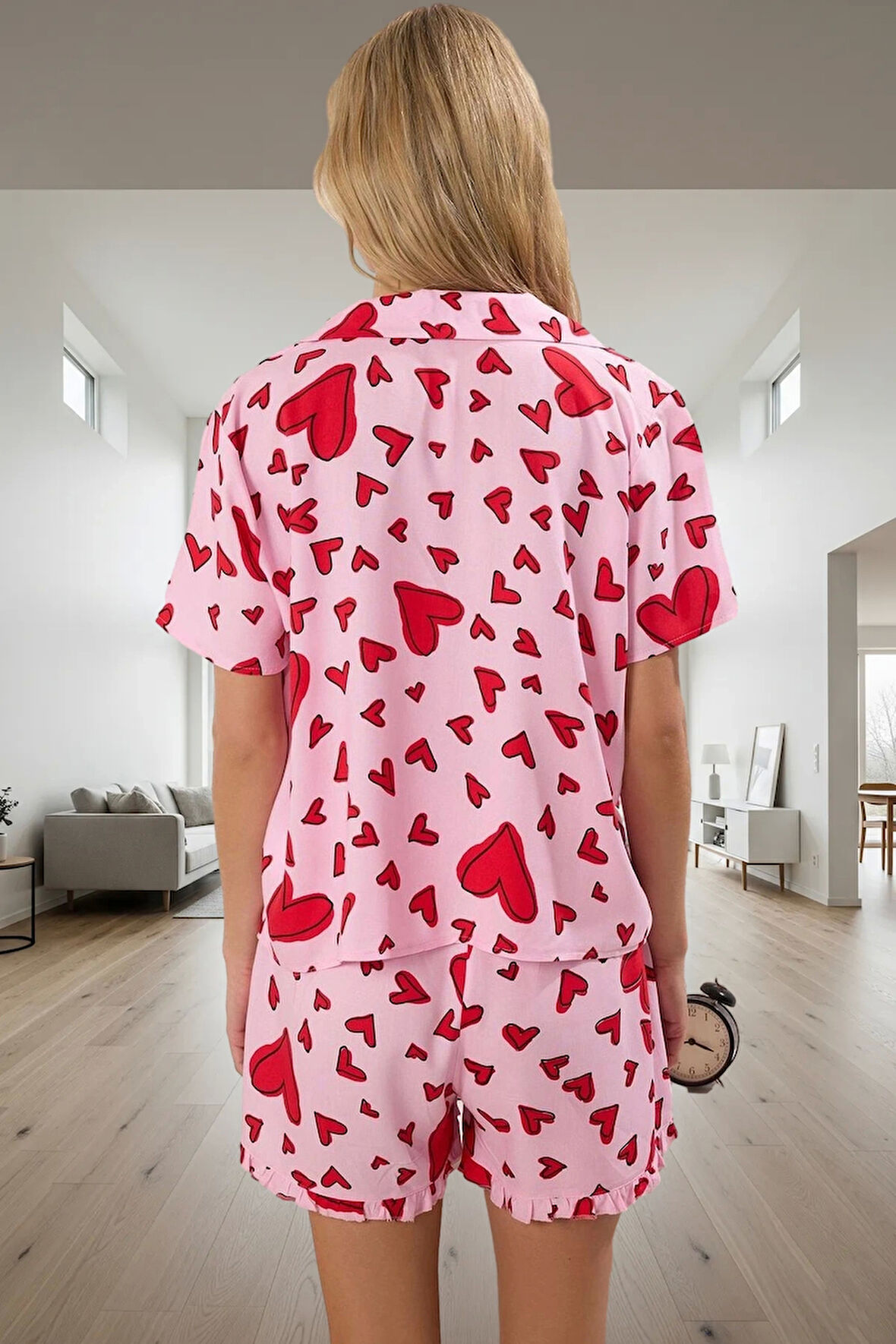 Yazlık Pamuklu Pijama Takımı Kalpli Desenli Şortlu Mükemmel Uyum Kaliteli İşçilik