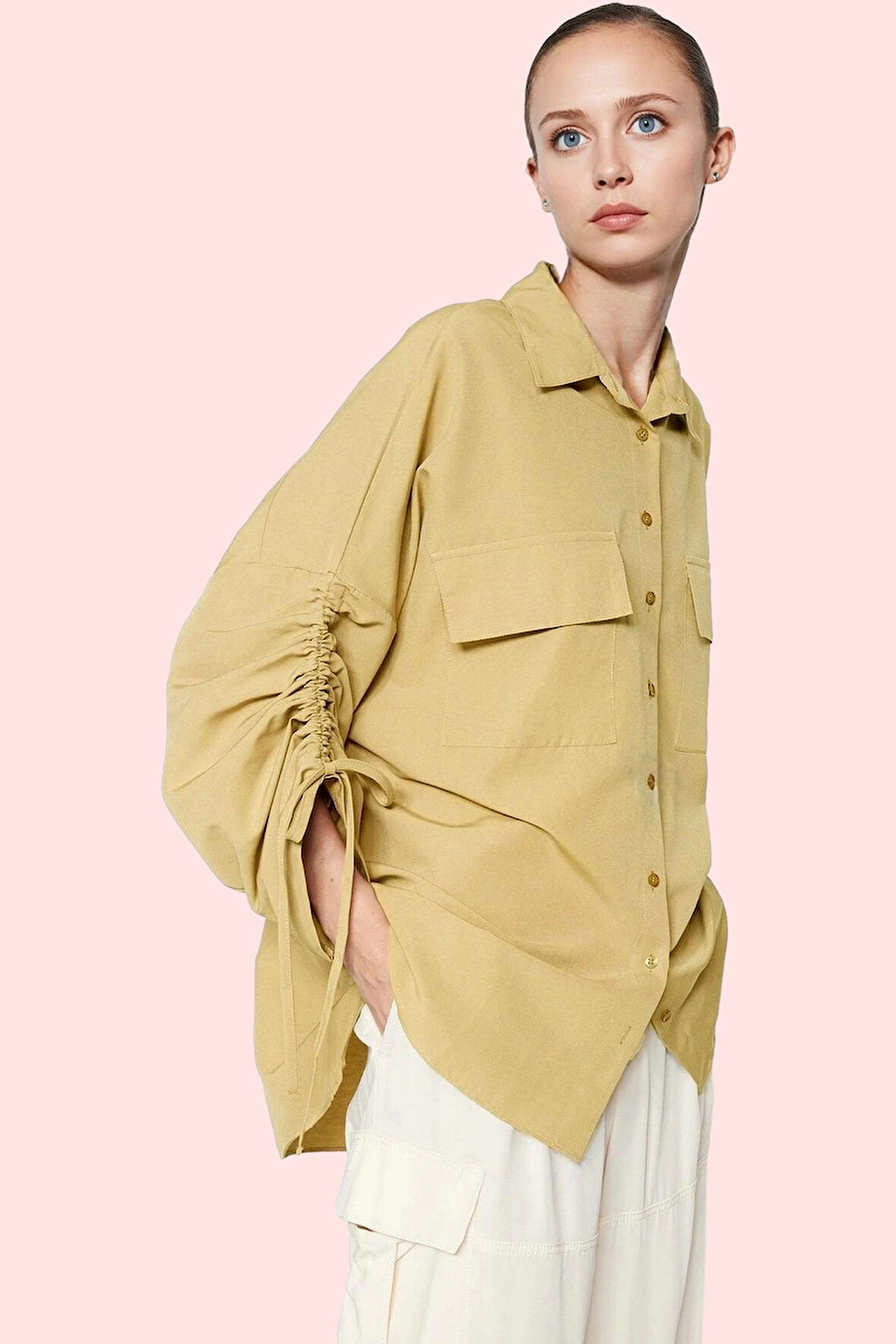 Kadın Günlük Gömlek Büzgülü Kollar Dokuma Kumaş Rahat Kalıp Tüm Sezonlar Dayanıklı Malzeme