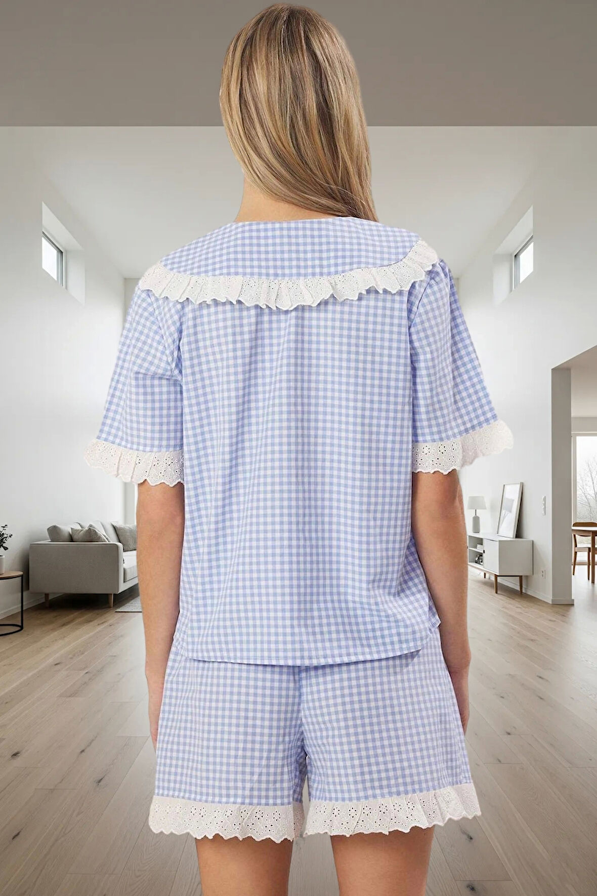 Ekose Dantel Detaylı Poplin Pijama Takımı Yazlık Şortlu Gömlek Regular Kalıp Uzun Ömürlü