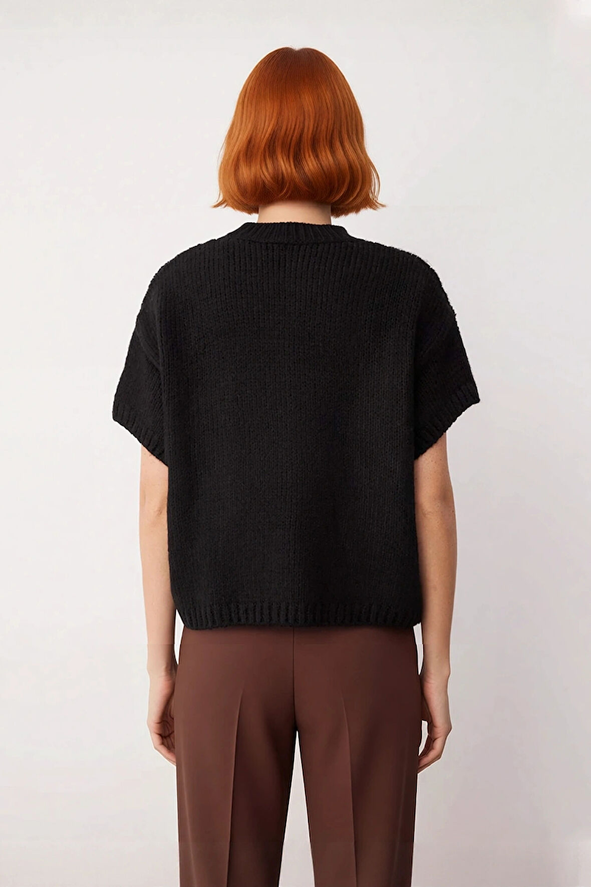 Kadın Oversize Kesim Dik Yaka Kalın Dokulu Triko Kazak Kısa Kollu Rahat İlkbahar Sonbahar Giysisi