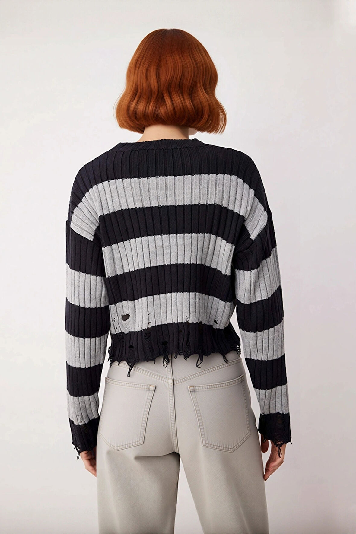 Kadın Modern Bisiklet Yaka Çizgili Akrilik Triko Crop Kazak Akıtma Detaylı Şık Kombinler Kaliteli