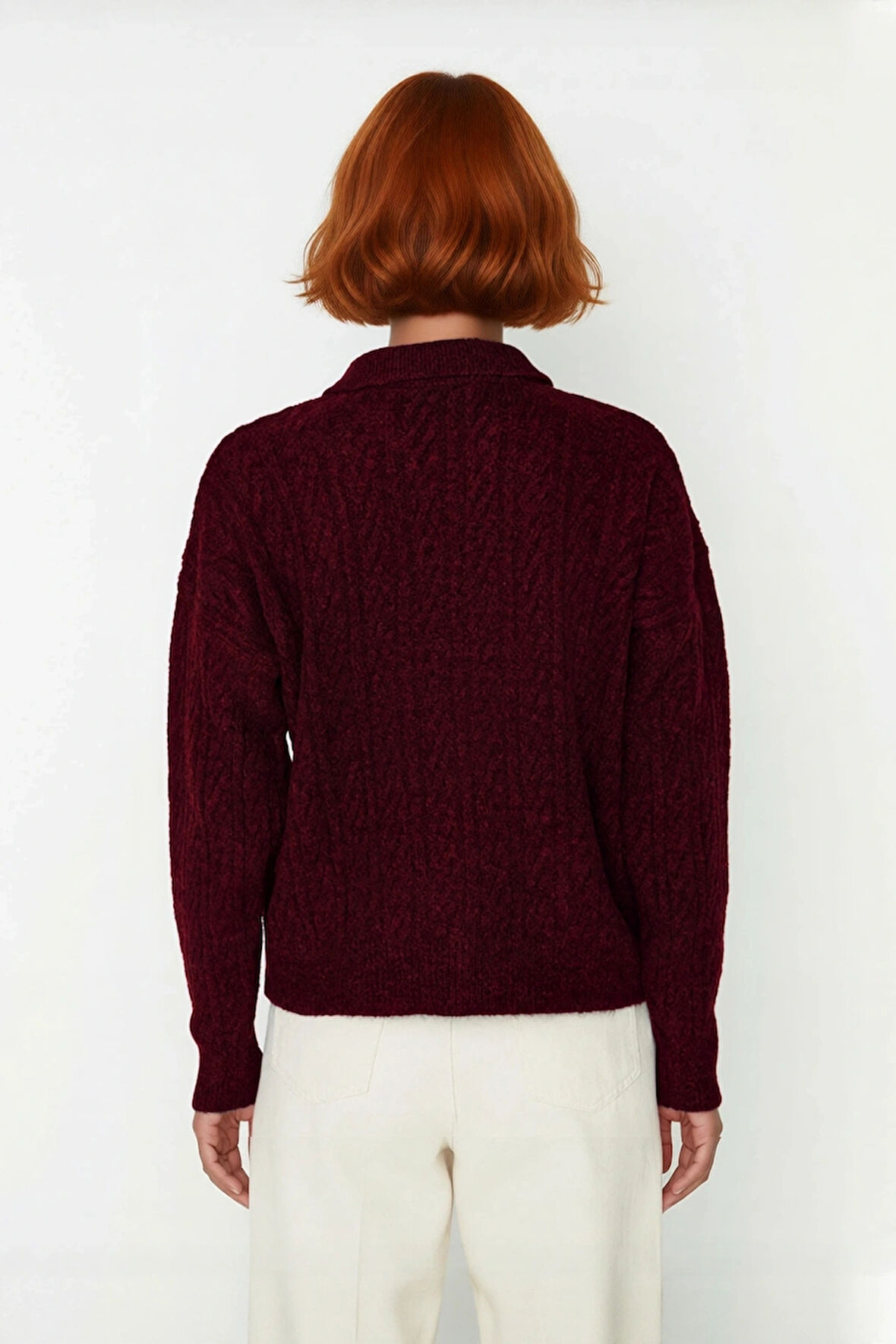 Kadın Kışlık Oversize Polo Yaka Saç Örgü Triko Kazak Düşük Uzun Kollu Basic Rahat Tasarım Kaliteli