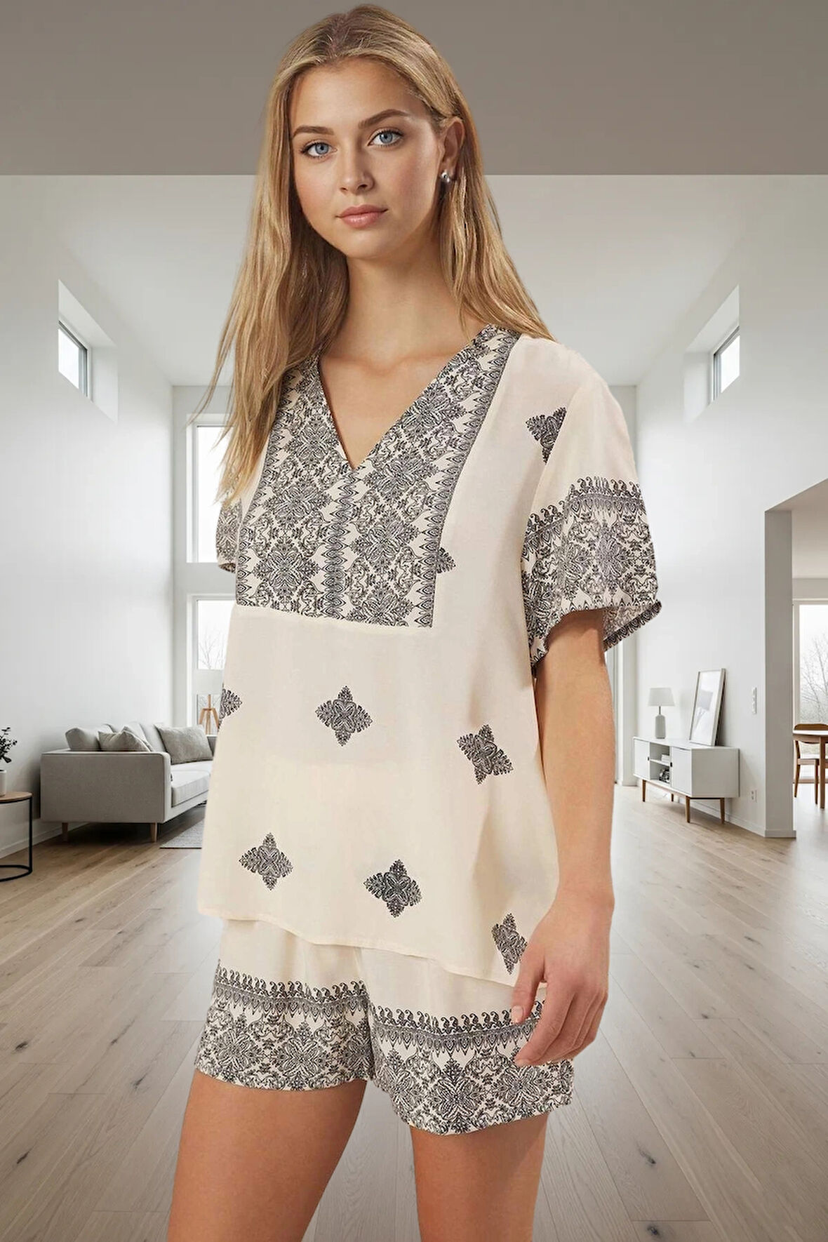 Şortlu Bohem Pijama Takımı Viskon Kumaş Rahat Kesim Yazlık Etnik Desen Uzun Ömürlü