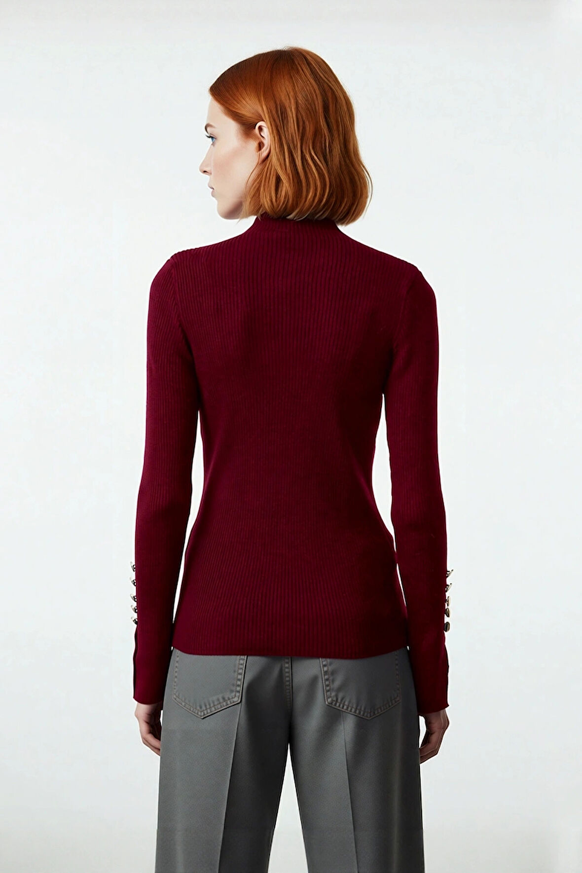 Kadın Modern Fitted Kalıp Dik Yaka Uzun Kollu Fitilli Triko Kazak Şık ve Rahat Kombinler Kaliteli