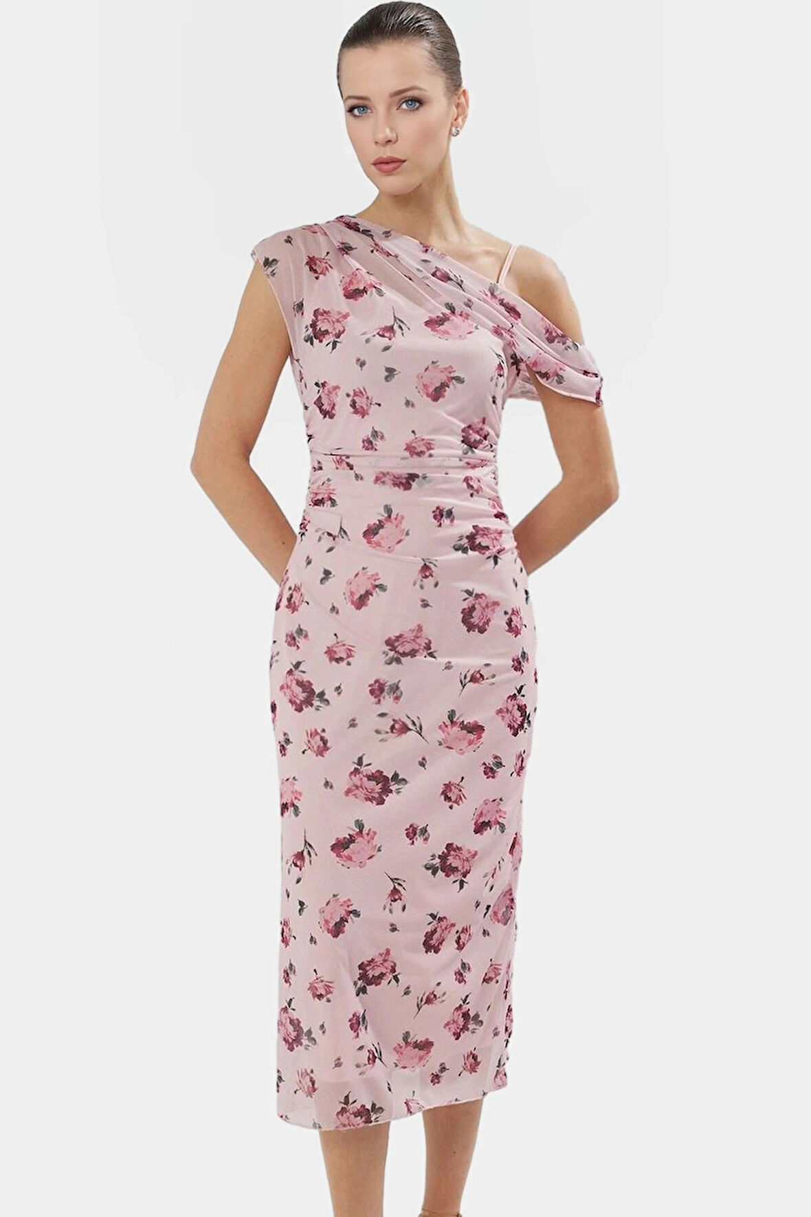 Örme Tül Midi Elbise 120cm Boy Çiçek Desen Bodycon Kalıp Özel Tasarım Rahat Ve Şık