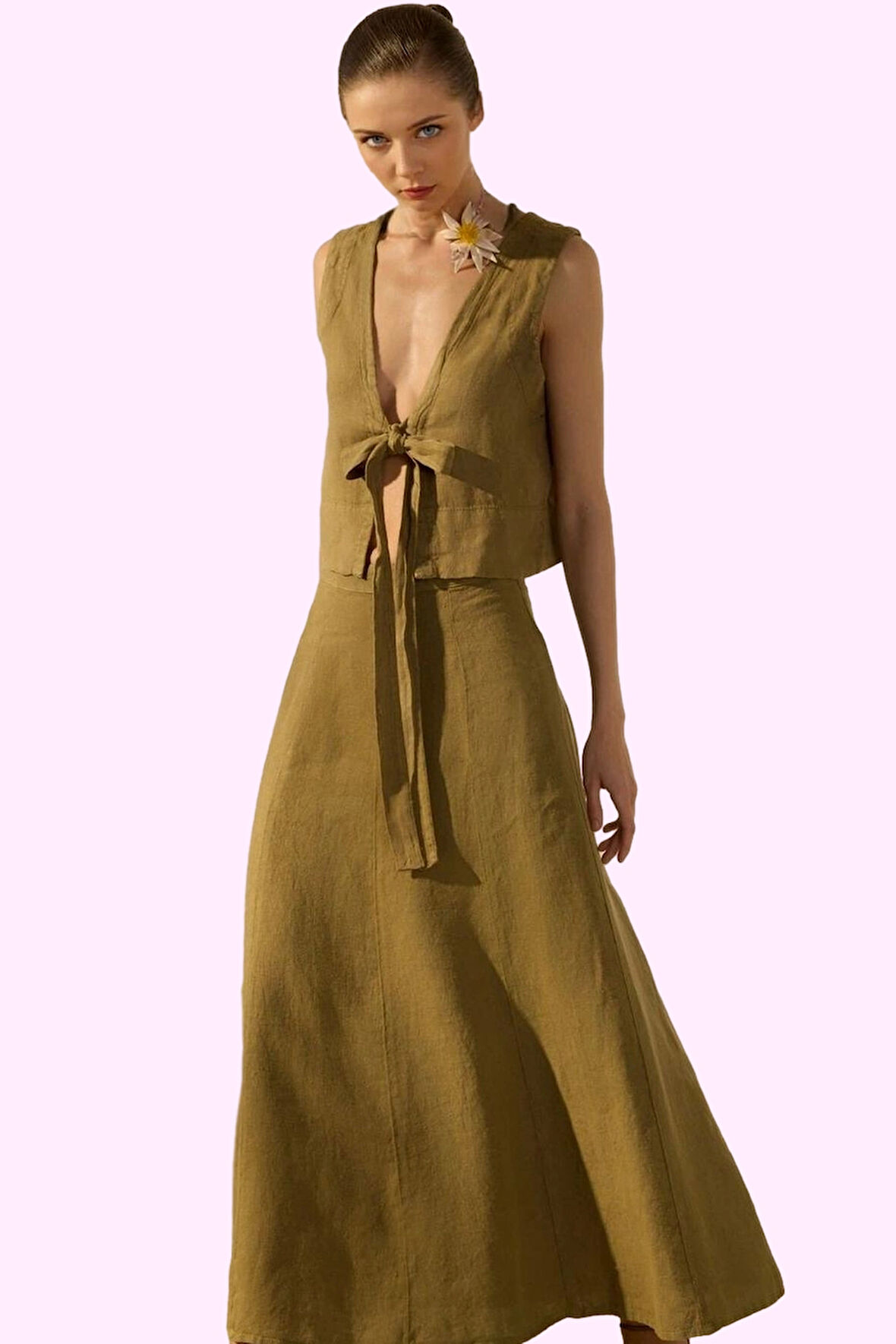 Kadın Basic Siluet Keten Midi Etek Renk Günlük Kaliteli Malzeme Yaz Aylarının Vazgeçilmezi