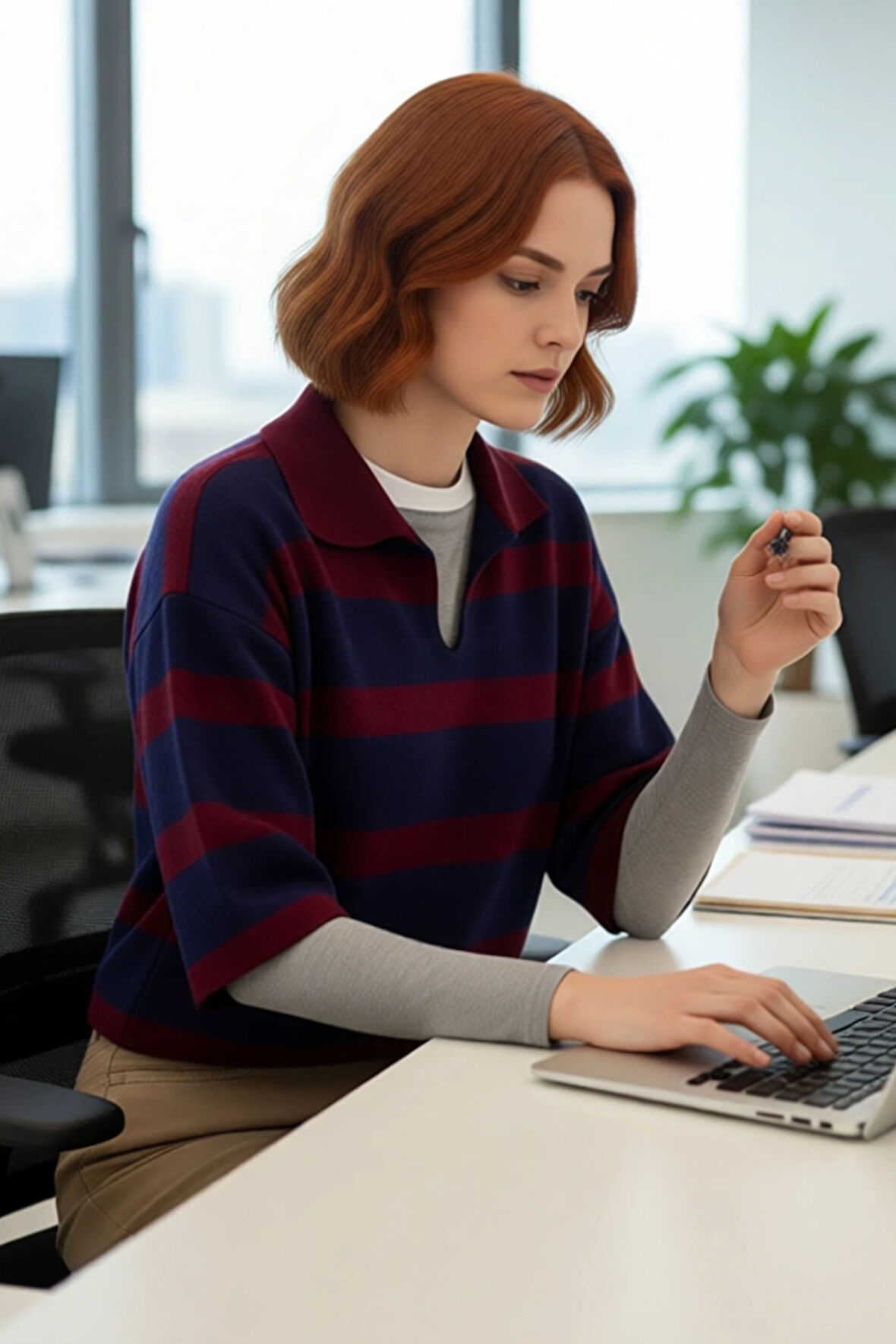 Kadın Regular Kalıp Çizgili Polo Yaka Triko Kazak İlkbahar Sonbahar İçin İdeal Basic Tasarım