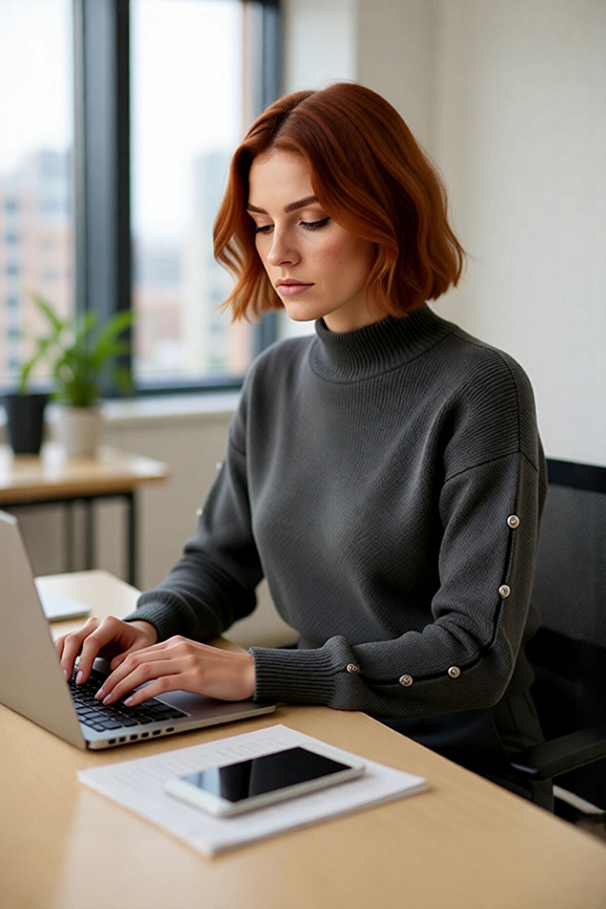 Kadınlar İçin Konforlu Gri Triko Kazak Düşük Kol ve Dik Yaka Tasarımı Düğmeli Kışlık Regular Kalıp