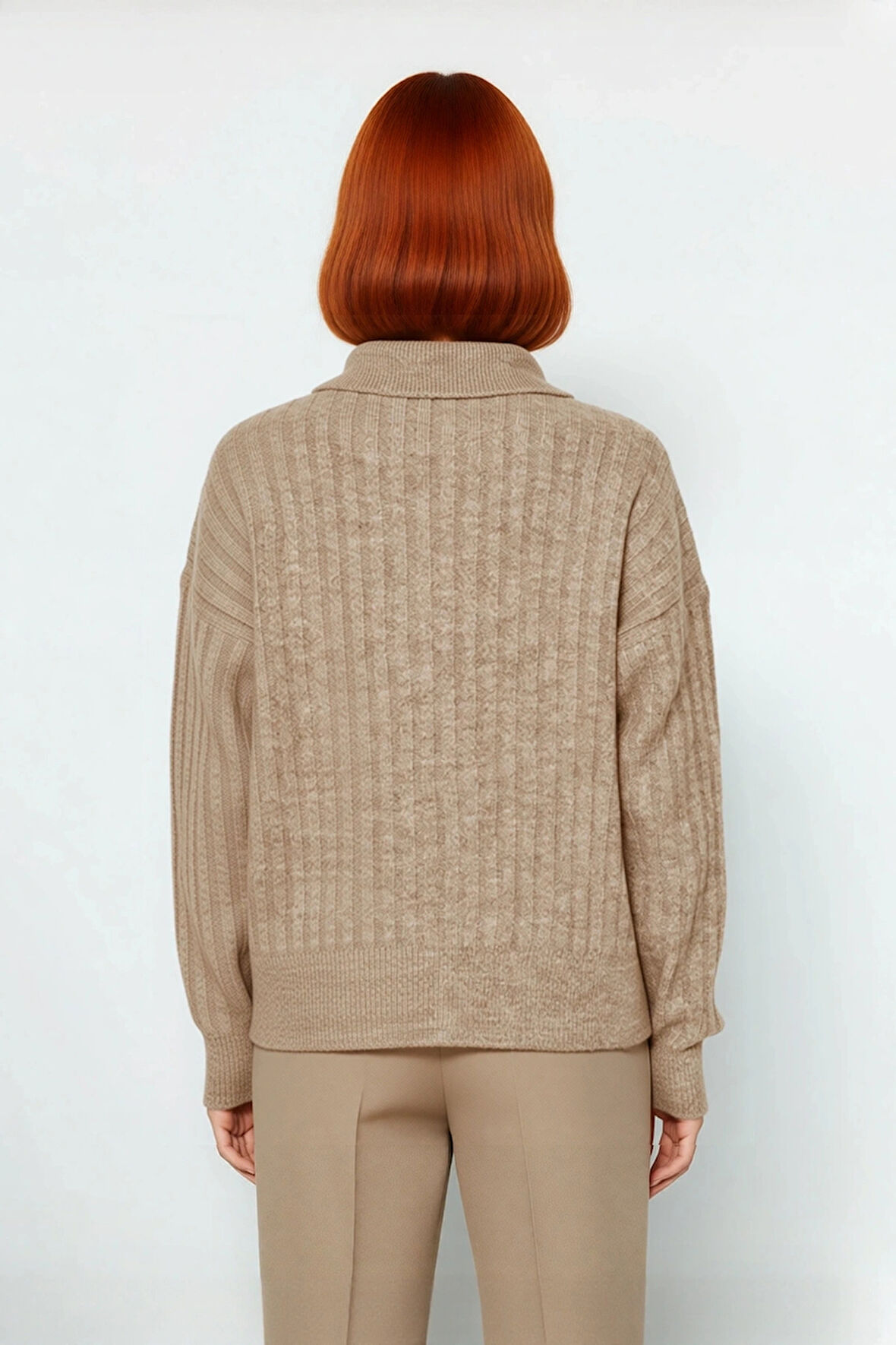 Modern Kadın Oversize Polo Yaka Triko Kazak Rahat Düşük Kol Fitilli Dokusuyla Kış Gardırobunuzun