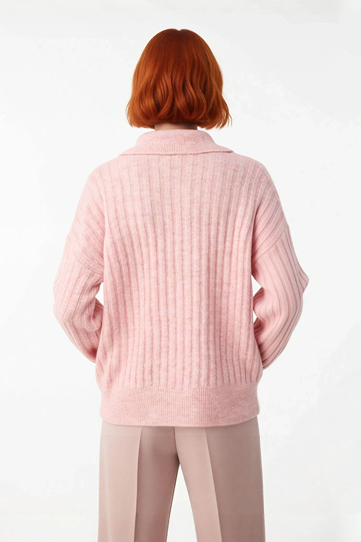 Modern Kadın Oversize Polo Yaka Triko Kazak Rahat Düşük Kol Fitilli Dokusuyla Kış Gardırobunuzun