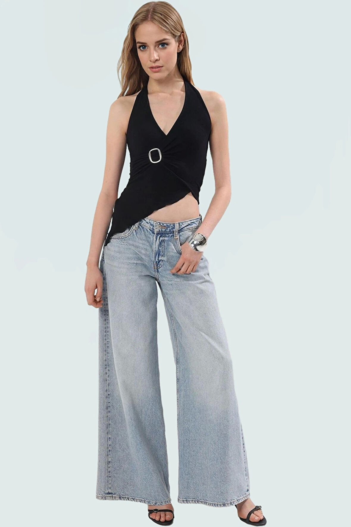 96% Viskoz 4% Elastan Kadın Örme Bluz Halter Yaka Fitted Yazlık Trend Tasarım