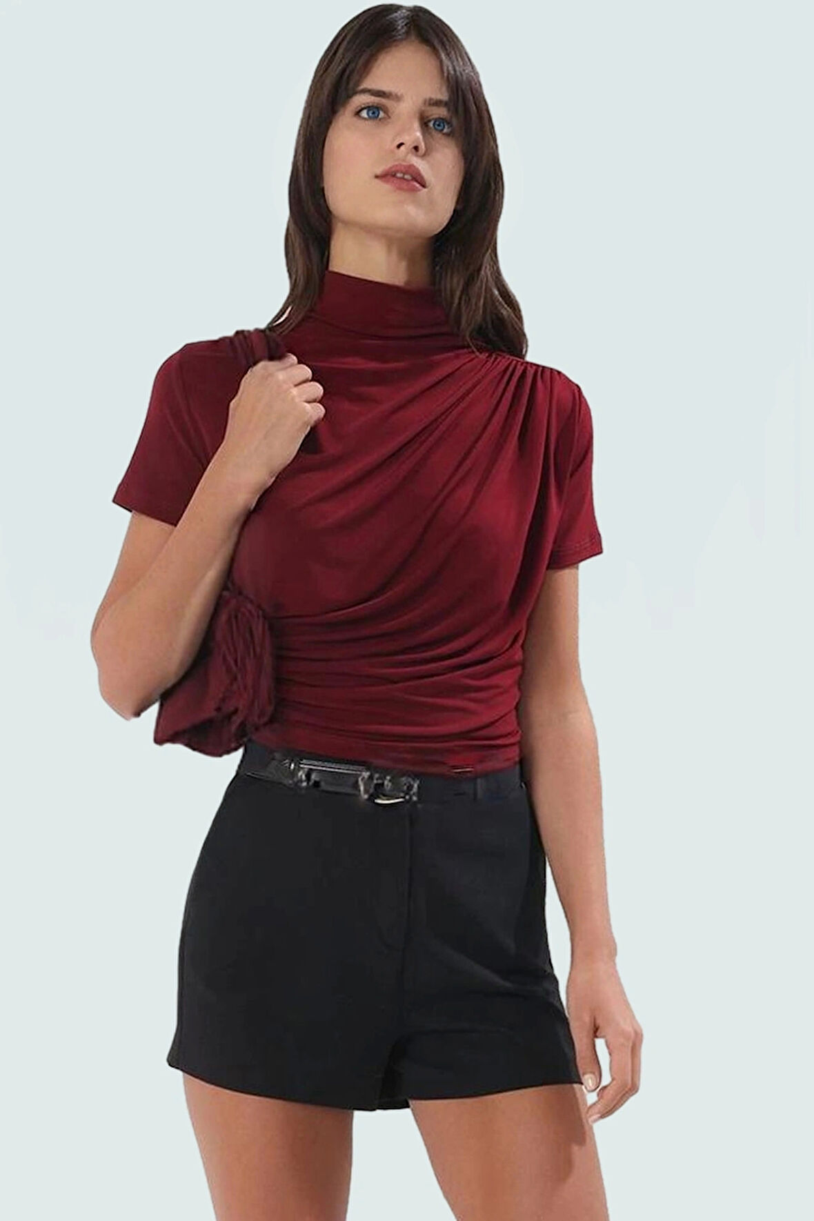 Polyester Elastan Örme Bluz Dik Yaka Fitted Kısa Kollu Yazlık Yüksek Kalite Rahat Kullanım