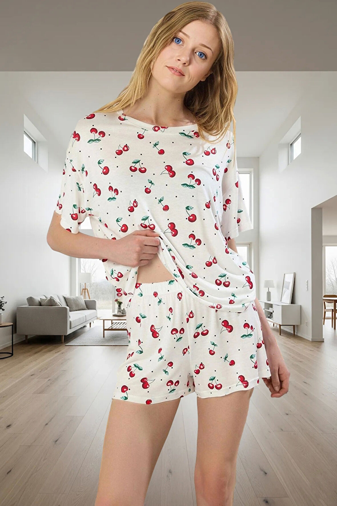 Kısa Kollu Kiraz Desenli Yazlık Pijama Takımı; Örme Viskon Rahat Kesim Premium Kalite