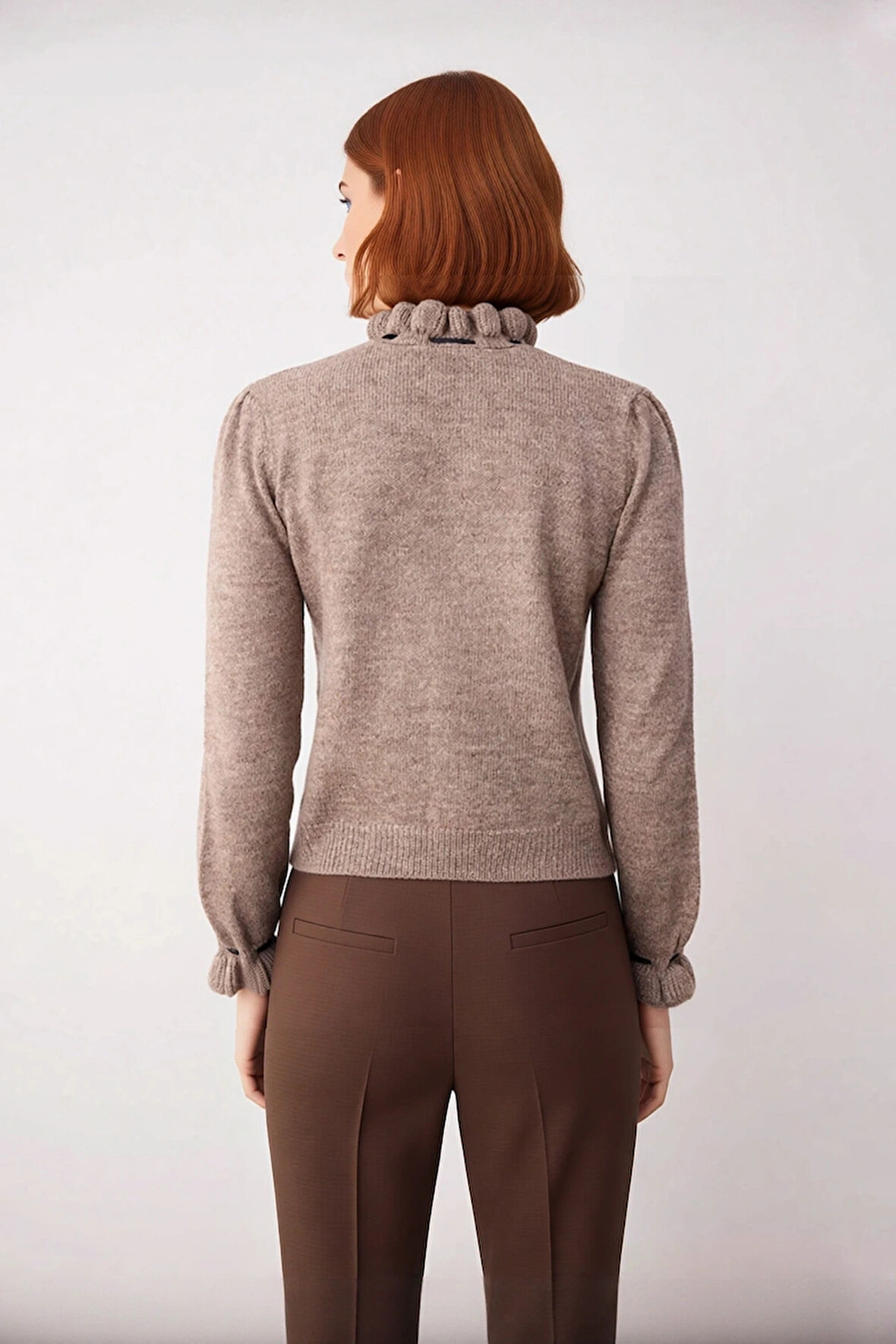 Kadın Casual Regular Kalıp Ajurlu Dik Yaka Bağcıklı Standart Kollu Triko Kazak Soğuk Havalar İçin